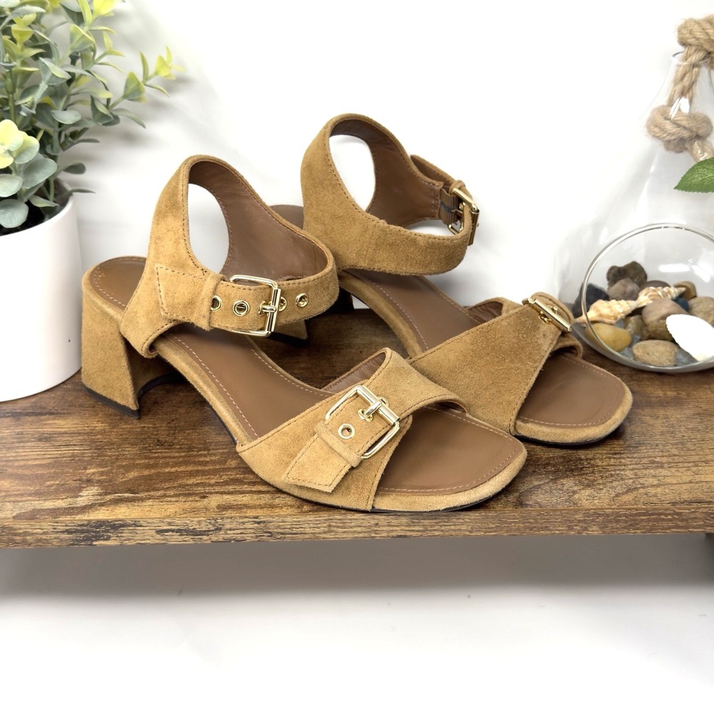 Madewell Neeka Ankle Strap Heeled Sandals Womens 6.5 Khaki Tan Brown Suede Shoes
